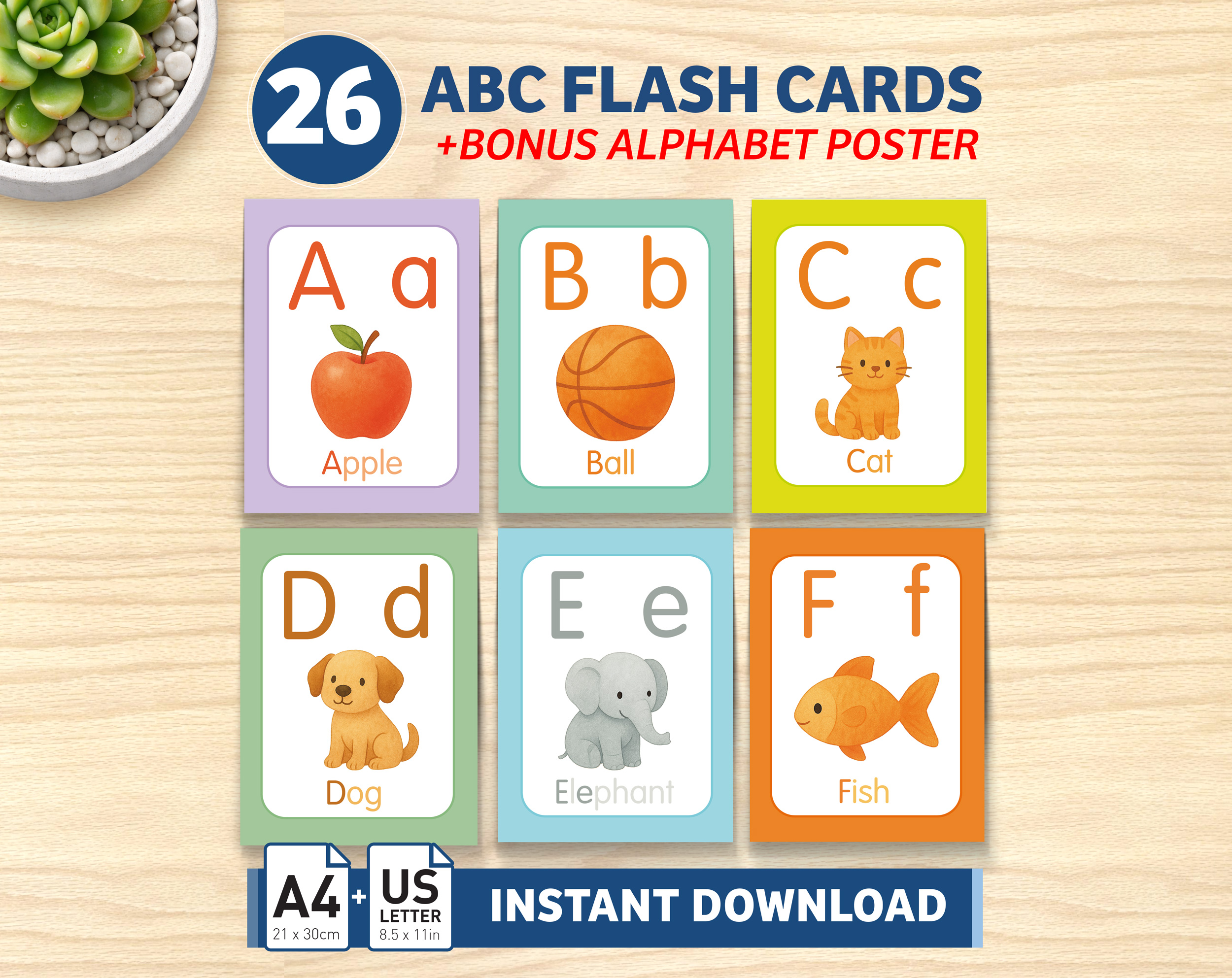 ABC Montessori Flash Cards for Kids. Make alphabet learning joyful, practical, and reliable with our Printable ABC Flashcards! This set of 26 cards features colorful, soft, and child-friendly illustrations—A for Apple, B for Ball, and so on—designed to capture children’s attention and make learning letters fun.

Every flashcard in this bundle has been carefully created by a professional illustrator and reviewed and approved by an elementary school teacher with over 25 years of classroom experience. This ensures that the content is not only visually engaging but also educationally effective and age-appropriate.

For a limited time, this set also includes a BONUS Alphabet Poster!
You can download the high-quality PDF and print it in any size you prefer.

You’ll receive 4 instant-download PDF files for maximum flexibility:
✅ Letter size (U.S. standard copy paper) – perfect for American customers.
✅ A4 size (international standard copy paper) – ideal for customers outside the U.S.