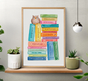 Book Lover Wall Art ;
Bring a warm, storybook feeling to your child’s room, classroom, library corner, or reading nook with this colorful Classic Books Printable Wall Art.

This charming poster features a watercolor-style stack of beloved classic books with a sweet owl detail, making it a lovely choice for kids’ rooms, homeschool spaces, classroom libraries, nursery decor, playrooms, or cozy reading corners.

Your purchase includes a high-resolution JPG file sized at 50x70 cm. Since the artwork has a vertical 5:7 ratio, you can also print it in other matching sizes such as 5x7, 10x14, 15x21, 20x28 inches, or similar proportional sizes. The resolution is suitable for high-quality printing.

Perfect for:
Kids room decor
Nursery wall art
Classroom library decor
Reading nook decoration
Homeschool room decor
Playroom wall art
Book lover gift
Teacher classroom decor
Children’s library corner
Storybook-inspired wall art

Please note:
This is a digital product. No physical 