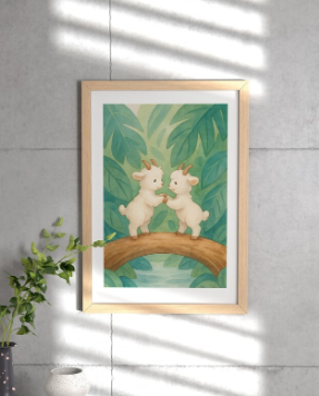 Introduce a little kindness and storybook magic to your child’s room with this adorable watercolor illustration of Two Gentle Goats.
Inspired by the classic tale of the “Two Goats,” this version transforms the story into a heartwarming moment of cooperation: two fluffy, snow-white baby goats meeting on a wooden log above a quiet stream — and kindly giving each other space instead of arguing.

Painted in soft watercolor textures and surrounded by large, calming green leaves, this artwork creates a soothing, imaginative atmosphere perfect for nurseries, toddler rooms, and play areas. The gentle colors, rounded shapes, and pofuduk characters make it ideal wall art for little ones.

✦Perfect For:
• Nursery wall décor
• Toddler room decoration
• Playroom art
• Storybook-themed rooms
• Baby shower gifts
• Printable wall art collections
• A unique gift for little music and nature lovers

Create a peaceful and imaginative space with this heartwarming animal illustration that kids