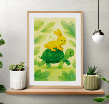 Printable woodland nursery wall art featuring a whimsical tortoise and hare illustration. This storybook-style animal print is perfect for a nursery, toddler room, playroom, or reading corner. Instant digital download.
This printable poster adds a touch of whimsy while encouraging imagination, kindness, and classic storytelling. Its hand-painted watercolor texture makes it feel cozy, artistic, and unique—ideal for parents who want décor that feels both playful and beautifully designed.

✦Perfect For:
• Nursery wall décor
• Toddler room decoration
• Playroom art
• Storybook-themed rooms
• Baby shower gifts
• Printable wall art collections
• A unique gift for little music and nature lovers

Create a peaceful and imaginative space with this heartwarming animal illustration that kids will adore.

✦ PRODUCT DETAILS
• 1 High-Quality JPG File
• Dimensions: 50 × 70 cm (≈ 19.7 × 27.6 inches)
• 300 DPI Resolution – Crisp and detailed at any size
• Can be printed by a profession
