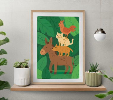 Bring a charming fairy-tale touch to your child’s room with this Bremen Town Musicians inspired wall art. Designed in a warm, playful style, this printable poster features the iconic stacked animals—donkey, dog, cat and rooster—standing together in a joyful storybook scene. Perfect for nurseries, kids’ bedrooms, playrooms, or reading corners, this illustration adds imagination and character to any space.

Ideal for parents, educators, and fairy-tale lovers who want to create a cozy and inspiring environment for children.
This artwork is delivered as a high-resolution digital download, ready to print, frame, and decorate instantly.

Why parents love it:
• Soft, cheerful colors that suit modern nursery décor
• Story-themed artwork that sparks imagination
• Printable in multiple sizes for perfect framing
• Ideal as a gift for toddlers, preschoolers, and young readers

Use it for:
• Nursery wall gallery
• Kids’ room decoration
• Story corner / reading nook
• Classroom or pre
