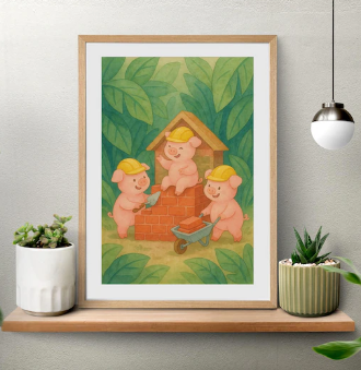 Three Little Pigs Watercolor Art Print:

This adorable watercolor illustration brings the classic Three Little Pigs tale into a warm and friendly world.
Here, the three plump baby pigs aren't running from danger—they're joyfully building their own little brick house together!

Each piglet wears a tiny yellow construction helmet:
• One carefully spreads mortar with a trowel
• One pushes a small wheelbarrow full of bricks
• One sits and playfully chats with his brothers

Painted in soft watercolor textures and surrounded by large leafy greens, this artwork creates a cozy, storybook feeling perfect for nurseries, toddler rooms, and imaginative play spaces. The gentle colors and rounded characters make it ideal kids' wall art.

Add a cheerful, creative, and heartwarming touch to your child's room with these hardworking little piglets.

✦Perfect For:
• Nursery wall décor
• Toddler room decoration
• Playroom art
• Storybook-themed rooms
• Baby shower gifts
• Printable wal