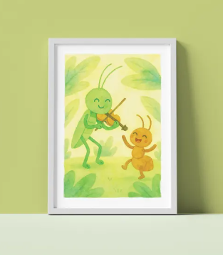 Bring a classic Aesop fable to your child’s walls with this joyful ant and grasshopper nursery print.
A happy grasshopper plays the violin among big lush leaves while a cheerful ant dances along to the music – both of them smiling, friendly and full of life. Soft watercolor textures and warm colors make this piece perfect for a cozy kids room.

✦Perfect For:
• Nursery wall décor
• Toddler room decoration
• Playroom art
• Storybook-themed rooms
• Baby shower gifts
• Printable wall art collections
• A unique gift for little music and nature lovers

Create a peaceful and imaginative space with this heartwarming animal illustration that kids will adore.

✦ PRODUCT DETAILS
• 1 High-Quality JPG File
• Dimensions: 50 × 70 cm (≈ 19.7 × 27.6 inches)
• 300 DPI Resolution – Crisp and detailed at any size
• Can be printed by a professional print shop

✦ PRINTING RECOMMENDATIONS
• Use thick matte paper or premium fine-art paper for the best result
• Colors may vary slightly du