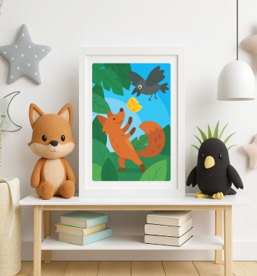 Wall art for Kids Room, Classroom:
Bring storytime charm to your child’s room with this beautifully illustrated Fox and Crow nursery wall art. Inspired by Aesop’s classic fable, this printable poster features a playful woodland scene where a clever fox reaches for a falling piece of cheese while the crow hovers above. The warm colors and friendly shapes instantly brighten any nursery, kids’ bedroom, playroom, or classroom.

This artwork is delivered as a high-resolution digital download, ready to print, frame, and enjoy. Perfect for parents, educators, and anyone creating an inspiring and imaginative space for children.

Why parents love it:
• Soft, cheerful colors that suit modern nursery décor
• Story-themed artwork that sparks imagination
• Printable in multiple sizes for perfect framing
• Ideal as a gift for toddlers, preschoolers, and young readers

Use it for:
• Nursery wall gallery
• Kids’ room decoration
• Story corner / reading nook
• Classroom or preschool wall
