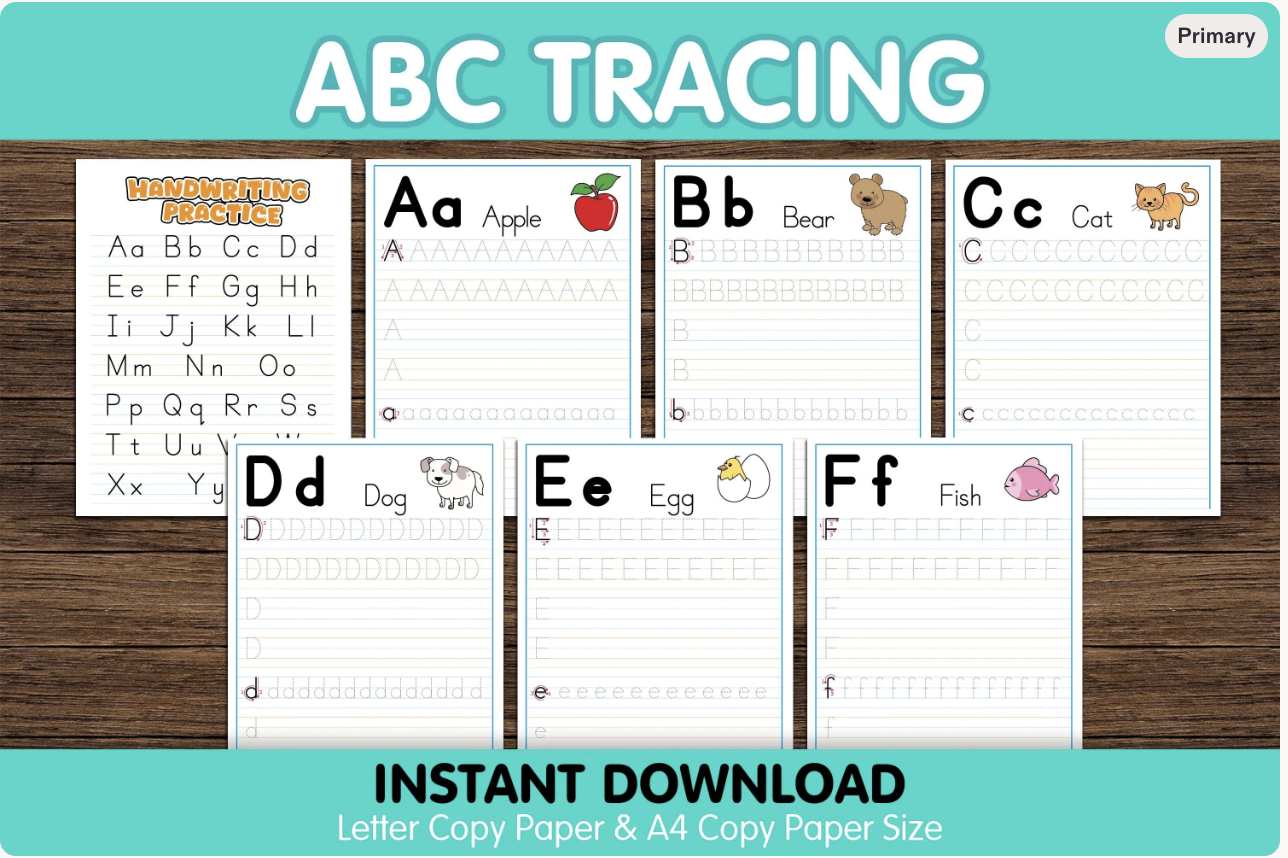 Alphabet Tracing Worksheets: Montessori A-Z Letters Handwriting Practice | Back to School ;
Make learning letters fun and engaging with this Alphabet Tracing Printable Pack — perfect for toddlers, preschoolers, and kindergartners starting their handwriting journey!
This set includes 28 pages featuring every letter from A to Z, each page with both uppercase and lowercase tracing lines and cute colorful illustrations like apple, bear, and cat to keep kids motivated and excited.

Give your child a fun and colorful way to master the ABCs while developing the skills that make writing easy and enjoyable!

🖍️ Educational &amp; Teacher-Approved
Designed by an experienced educator, these tracing sheets help children:
• Strengthen fine motor skills
• Improve pencil control and letter recognition
• Build early writing confidence

📚 What’s Inside:
• 26 alphabet tracing pages (A–Z)
• 2 bonus practice sheets for extra handwriting fun
• Both A4 and US Letter size PDF fi