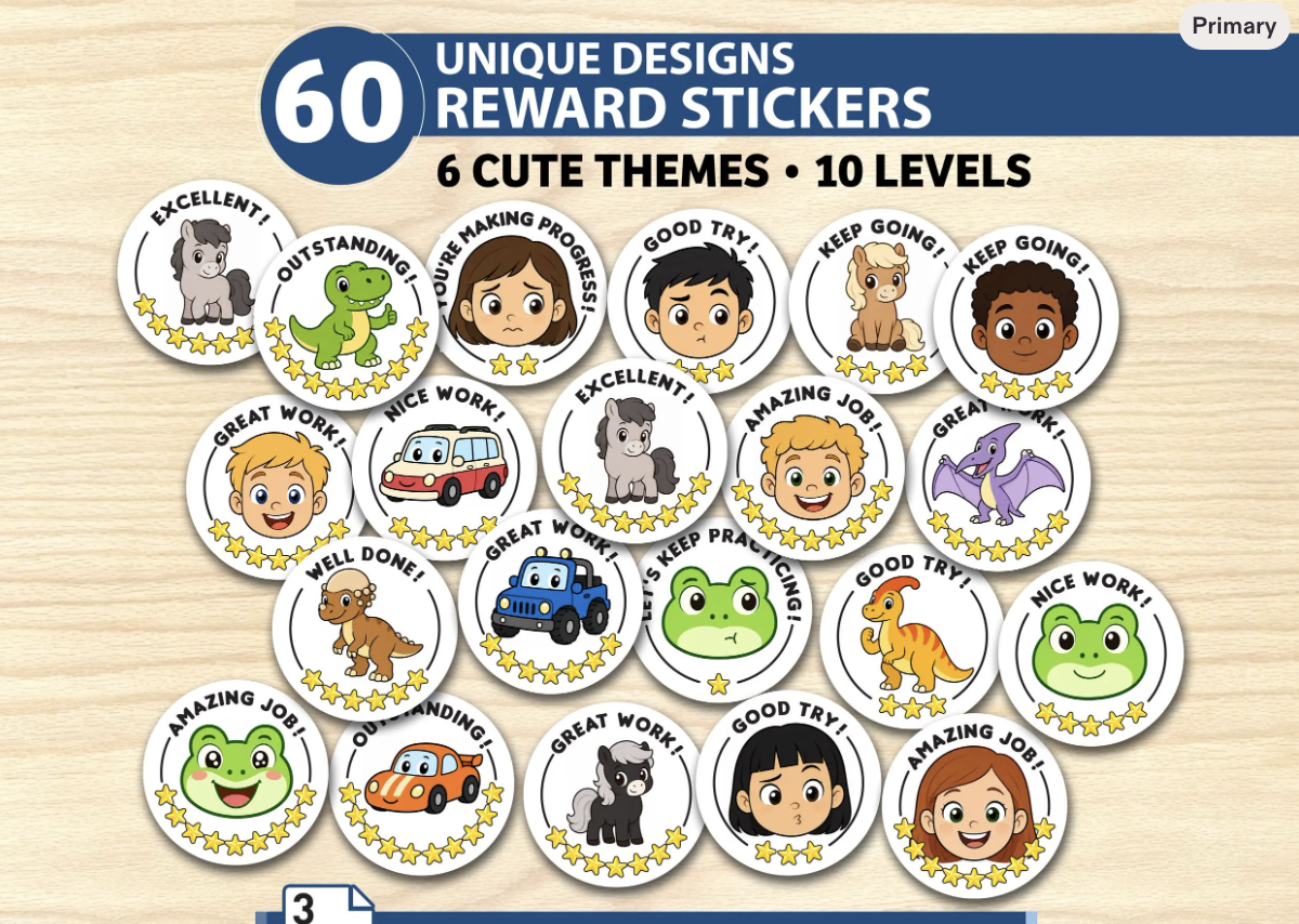 Reward Stickers for Kids, 60 Teacher Feedback Designs

Make classroom feedback more positive, visual, and fun!

This printable reward sticker set includes 60 unique designs arranged across 10 progressive feedback levels. Each level features an encouraging message, a different character, and an increasing number of stars from 1 to 10.

Perfect for teachers, homeschool families, tutors, parents, reward charts, homework, worksheets, reading logs, and classroom motivation.