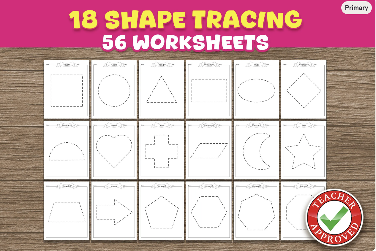Help your little one master basic shapes while building fine motor skills with this 56-page Shape Tracing PDF!
Perfect for preschool and kindergarten children, these printable worksheets make learning fun and hands-on.
Parents who want to support early learning at home

Teachers looking for classroom activities

Homeschooling families

Preschool  kindergarten skill development

Back to School activity

• Make shape learning enjoyable and interactive while preparing kids for writing success!