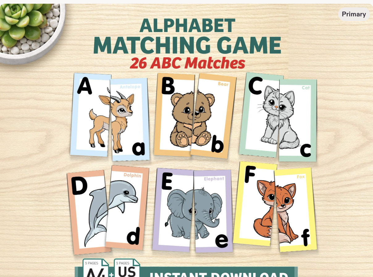 ABC Letter Matching Game, Animal Alphabet Cards, Preschool - Toddler Summer Activity;

Help your child learn the alphabet through play with these adorable Animal Alphabet Matching Cards!
This printable ABC matching game helps toddlers and preschoolers practice letter recognition, alphabet awareness, visual discrimination, and early vocabulary skills while having fun matching each animal card together.
Perfect for preschool, pre-k, kindergarten, homeschool activities, Montessori shelves, learning centers, and quiet time learning.