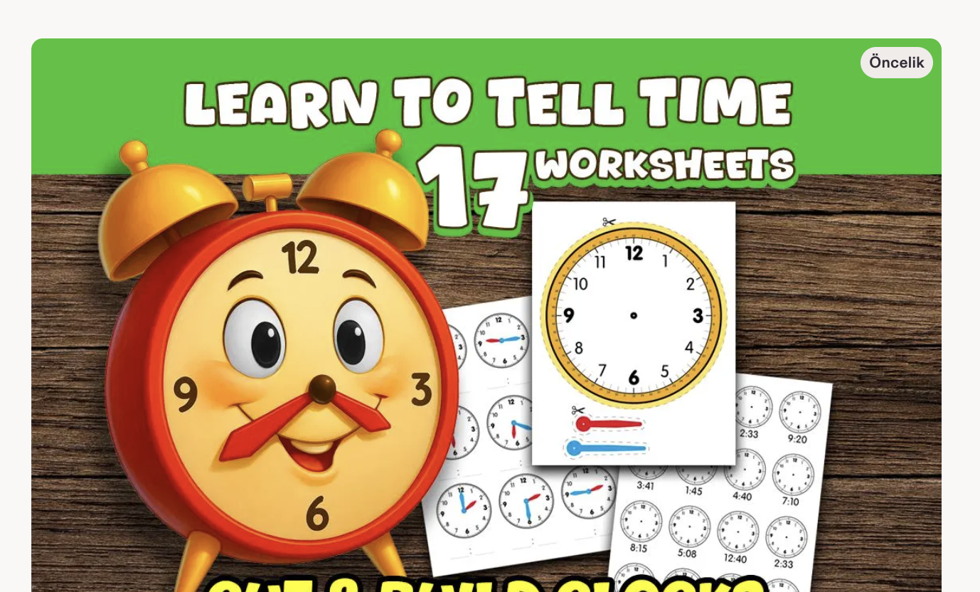 Telling Time Worksheets for Kids;

Help kids learn to tell time with this printable clock activity and worksheet pack! This instant download PDF includes 3 cut-and-build learning clocks and 17 telling time worksheets designed to help children practice analog clocks, hour and minute hands, writing the time, drawing clock hands, and matching activities. Perfect for kindergarten, first grade, homeschool, classroom centers, morning work, and extra practice at home.

What’s Included
✓ 3 printable cut-and-build clocks
✓ 17 telling time worksheets
✓ Write the correct time
✓ Draw the hour and minute hands
✓ Matching activity page
✓ US Letter PDF
✓ A4 PDF
✓ Instant digital download
✓ No physical item will be shipped

Why You’ll Love It:
Helps kids understand both analog clocks and time concepts.
Encourages fine motor skills with cut-and-paste clock building.
Ready-to-print, instant download – no waiting!
Suitable for ages 5+, great for classrooms, homeschooling, or extra prac