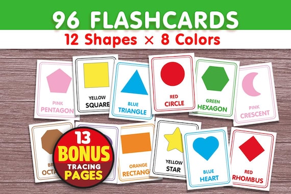 Shape - Color Montessori Flashcards:
Make learning shapes and colors exciting with our beautifully designed set of 96 flashcards plus a bonus of 13 shape tracing worksheets. Perfect for toddlers and preschoolers, these cards encourage hands-on learning at home, in class, or on the go.

🎨 Learn Shapes Easily: Circle, square, triangle, rectangle, pentagon, hexagon, octagon, oval, rhombus, star, heart, and crescent. Each card features a clear and colorful illustration to make recognition fun and memorable.

Explore Colors: Every shape comes in 8 vibrant colors — red, yellow, blue, pink, green, brown, orange, and purple.

💡 Why Parents &amp; Teachers Love This Set:
• Includes 12 basic shapes in 8 colors – simple, clear, and easy to understand.
• Bonus 13 tracing worksheets for extra practice.
• Reviewed and approved by a teacher with 25+ years of experience.
• Great for homeschooling, classrooms, and travel learning.
• A thoughtful and educational gift for birth