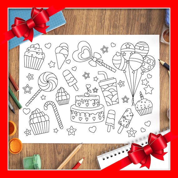 Birthday Party Coloring Page for Kids; Cake, Candy Theme. Instant Download.