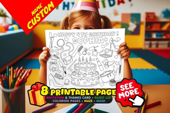🎉 Celebrate your little one’s big day with a Personalized Printable Party Set!
This version features a girly accessories theme on the first page (purse, hairbrush, bows, makeup, jewelry) combined with sweet party elements like cake, candy, cupcakes, ice cream, and lollipops. A fun mix of activities and coloring pages — a keepsake kids will treasure long after the celebration!

🎁 What’s Included (8 Printable Pages)
• Personalized coloring page with your child’s name, decorated with girl accessories, cake, and candy details.
• Matching invitation & thank-you card (½ Letter size).
• Cake decorating coloring sheet.
• Fun maze game — first to the gift wins!
• Two additional sweet-themed coloring pages.
• DIY masks for kids to color, cut, and wear.
• Guest list chart.

📄 File Details:
✔ High-resolution PDF in US Letter (A4 available)
✔ Print at home or at a local shop

🖍 Easy to Use:
Just download, print, and let the party fun begin! Perfect for birthdays at home, school, or as a surpris