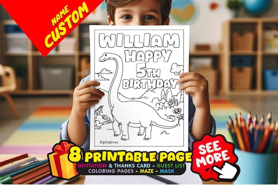 Personalized Dinosaur Birthday Coloring Page, 8 Printable Activities, Custom Name, Diplodocus Party (Digital Download)