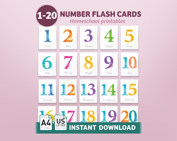1-20 Number Flash Cards: Montessori Math flashcards, Summer Homeschooling.

Preschool Number Counting Cards are a fun and helpful printable resource for parents and teachers to use at home, in the classroom, or as part of a homeschool routine.

These Montessori-inspired cards are designed to help toddlers and preschoolers learn numbers in an easy, engaging, and enjoyable way.

Featuring watercolor-style numbers from 1 to 10, these printable cards are both educational and decorative. They can be used as flashcards for daily learning or displayed in a bedroom, playroom, nursery, or classroom.
--------------------------------
SIZES INCLUDED:
Ready to print in US Letter size (ZIP file):
• 3.2 x 4.2 inch and 5 x 7 inch colored flashcards
• 3.2 x 4.2 inch and 5 x 7 inch coloring flashcards

Ready to print in A4 size (ZIP file):
• 81 x 106 mm and 127 x 178 mm colored flashcards
• 81 x 106 mm and 127 x 178 mm coloring flashcards

All files are provided as high-quality PDF documents.
----------