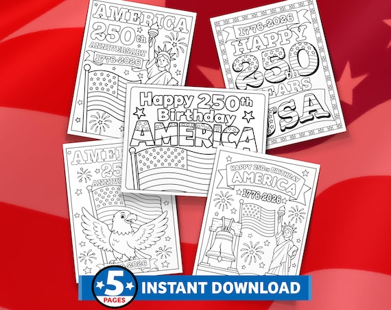 America 250th Anniversary Coloring Pages, USA Patriotic Printable Kids Activity Sheets, 5 Page Instant Download
